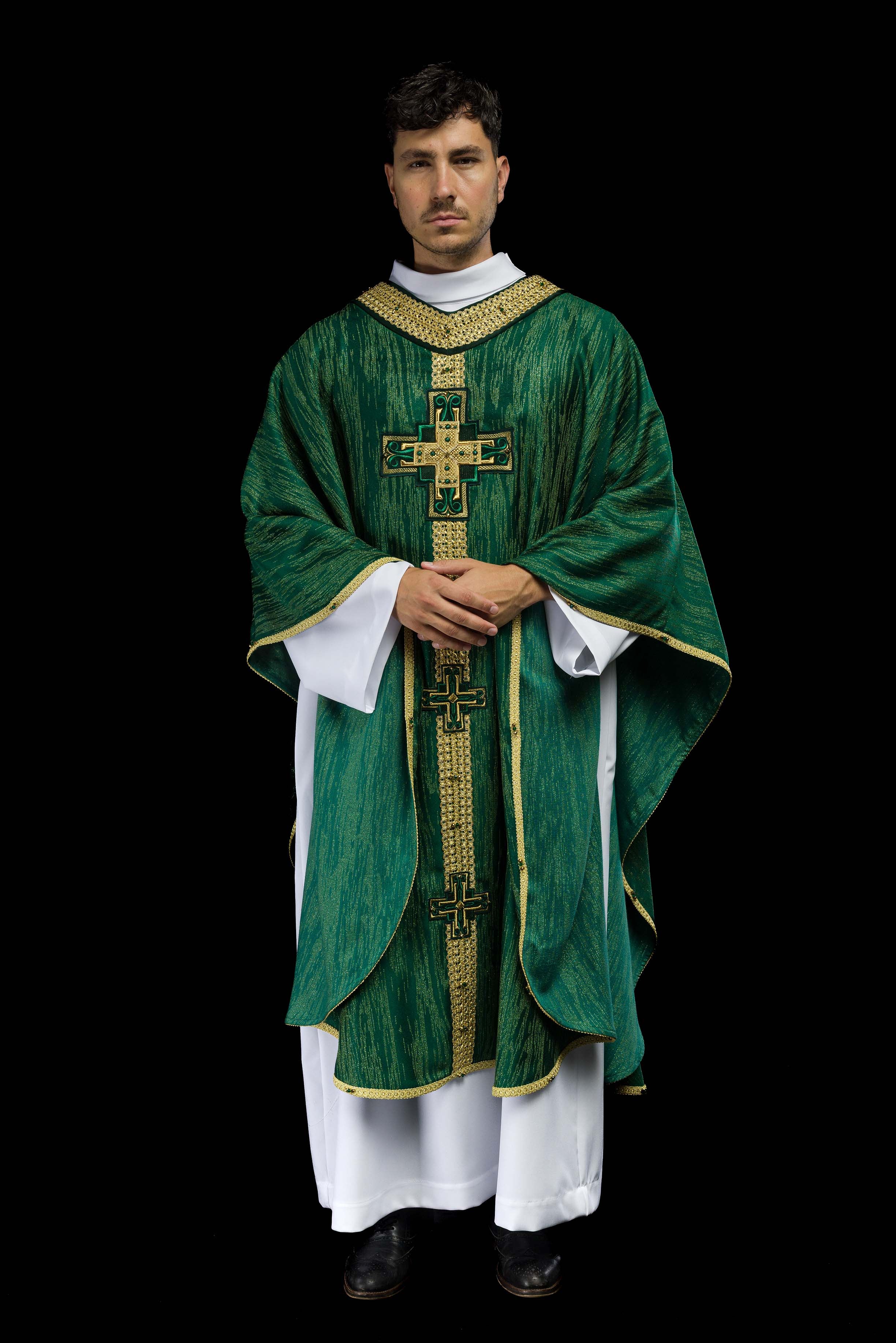 Ręcznie wykonany ornat z naturalnymi kamieniami Handmade 7015 Zielony - ORNATY.PL