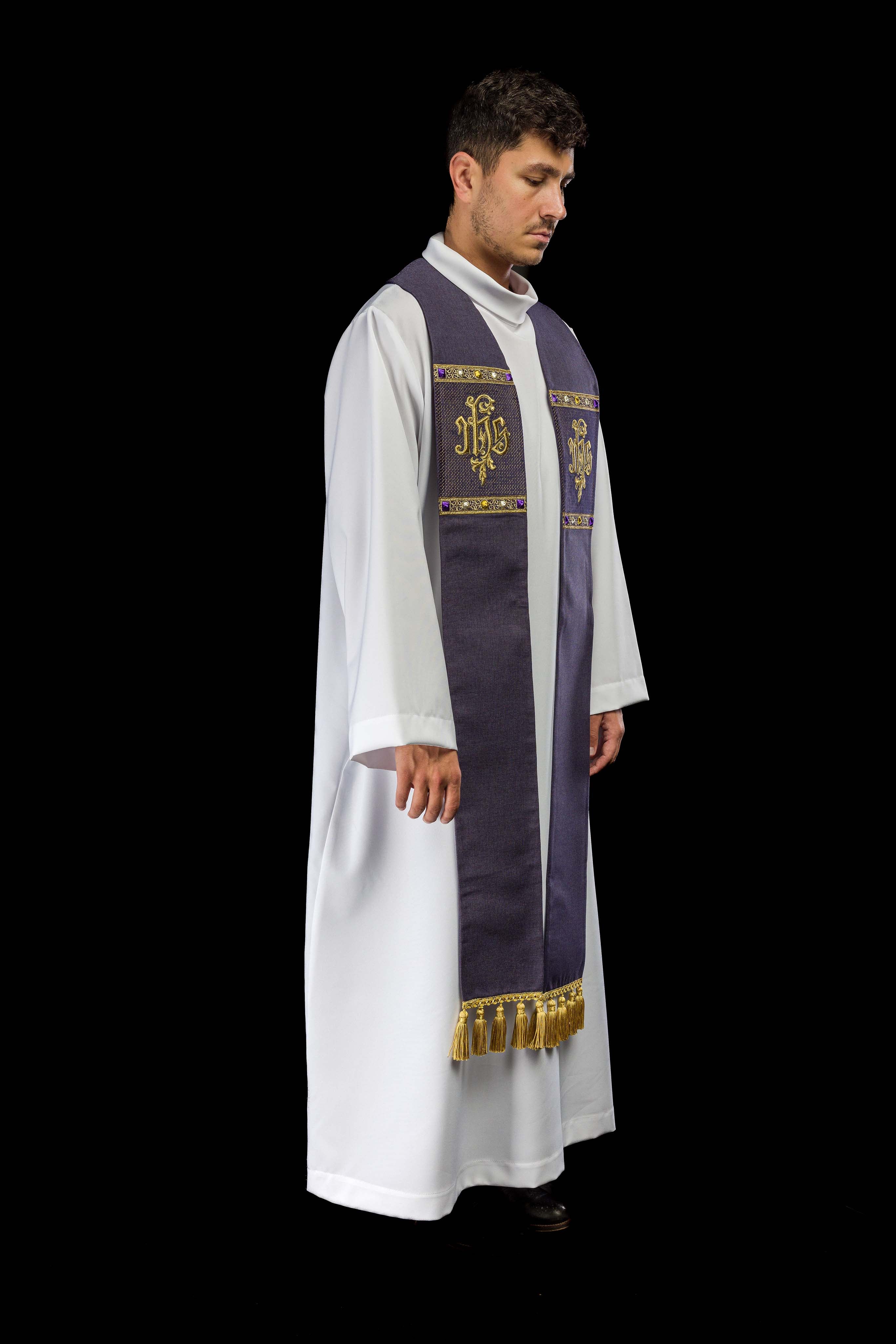 Stuła haftowana z motywem IHS fioletowa - ORNATY.PL