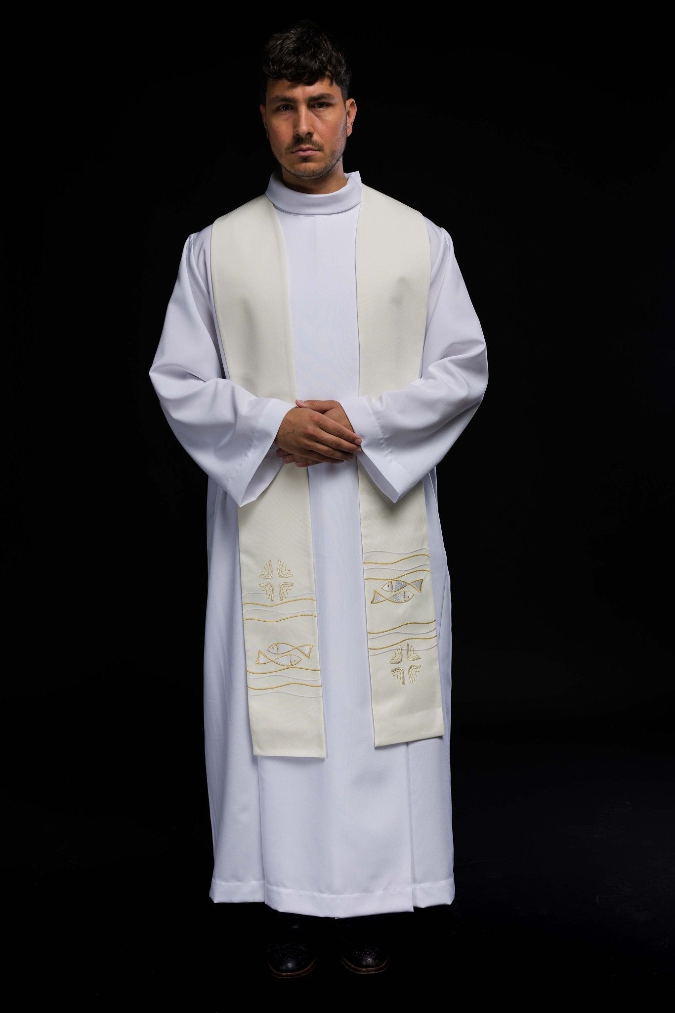 Stuła kapłańska haftowana z wzorem Ryb w kolorze ecru