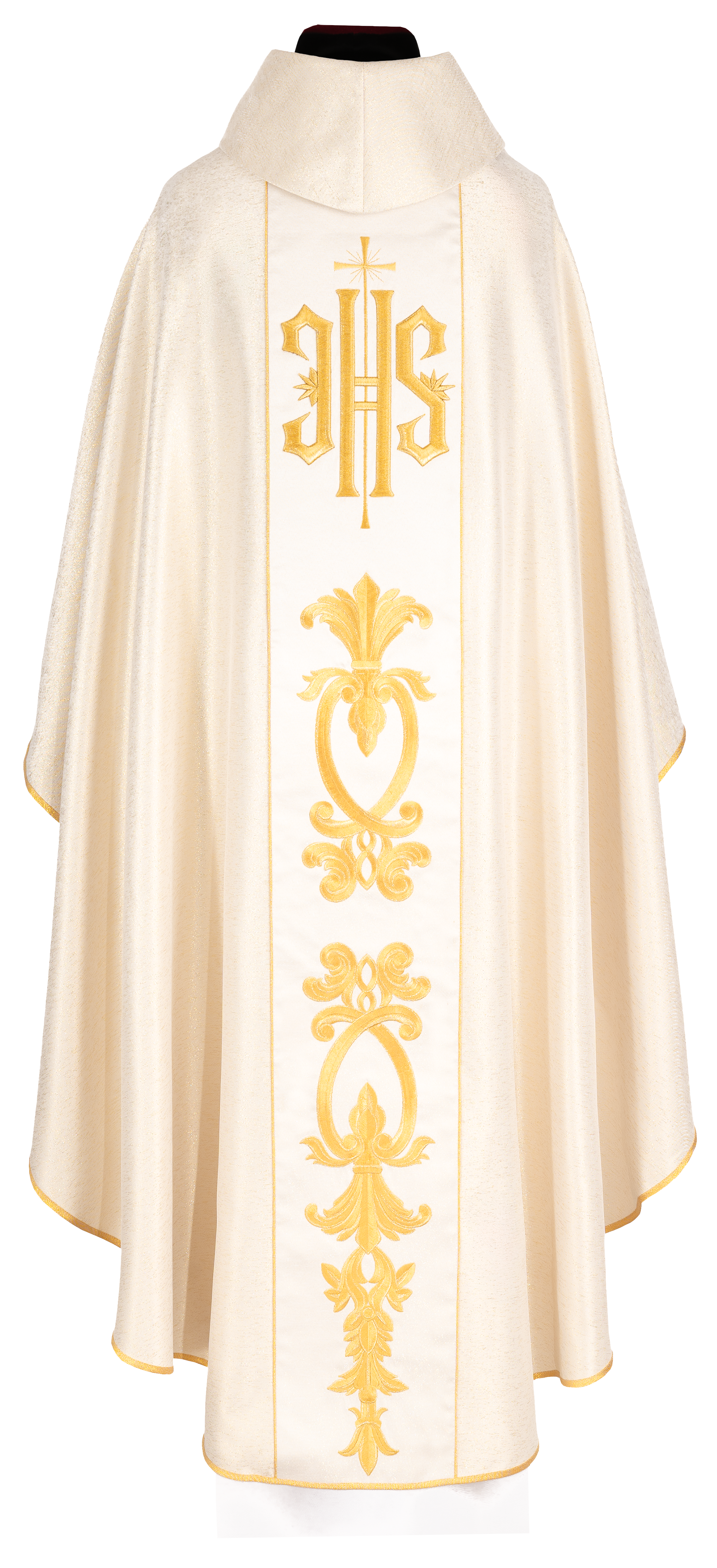 Bogato zdobiony złoty ornat z złotym motywem i szerokim pasem IHS - ORNATY.PL