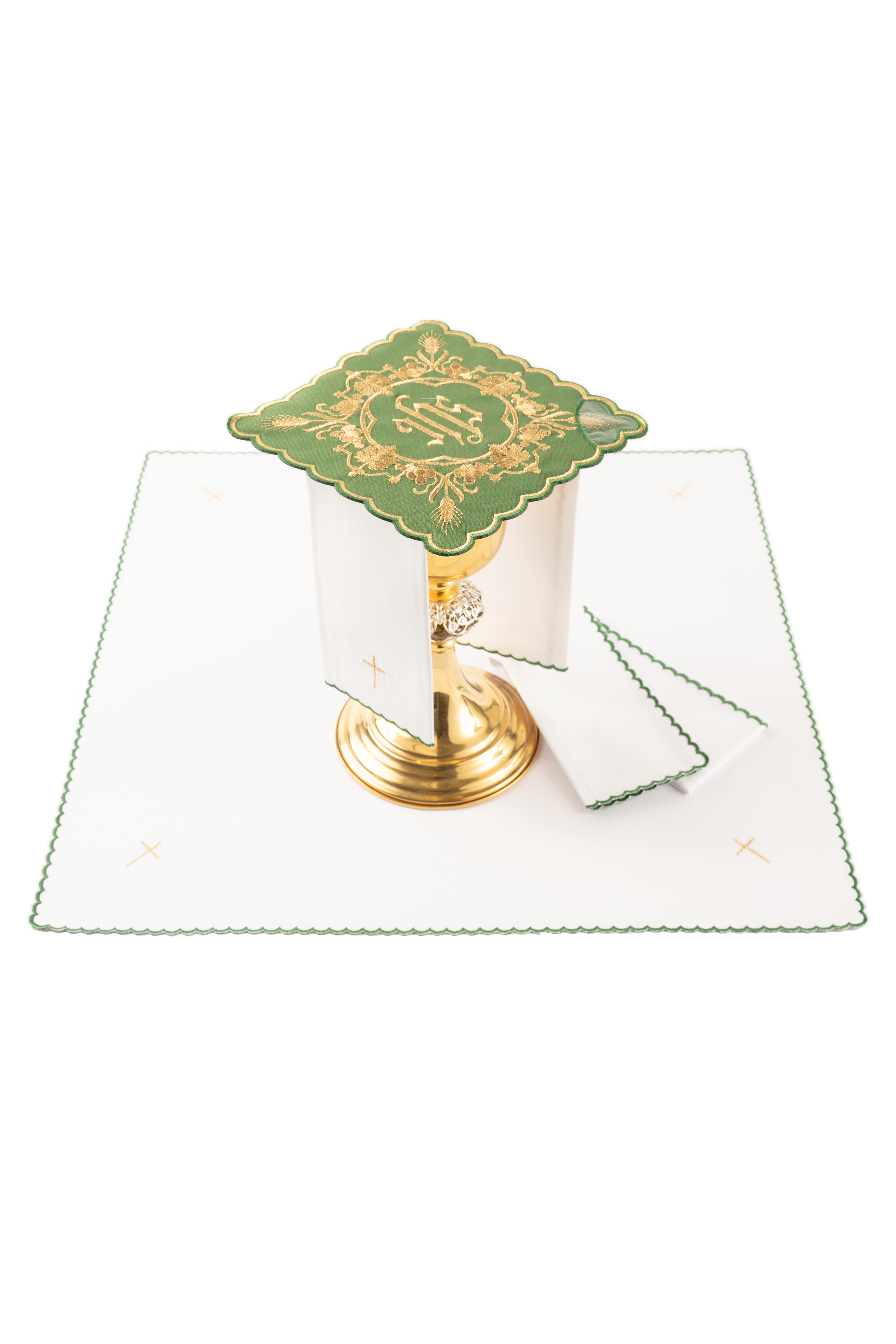 Komplet kielichowy haftowany z motywem IHS zielony - ORNATY.PL