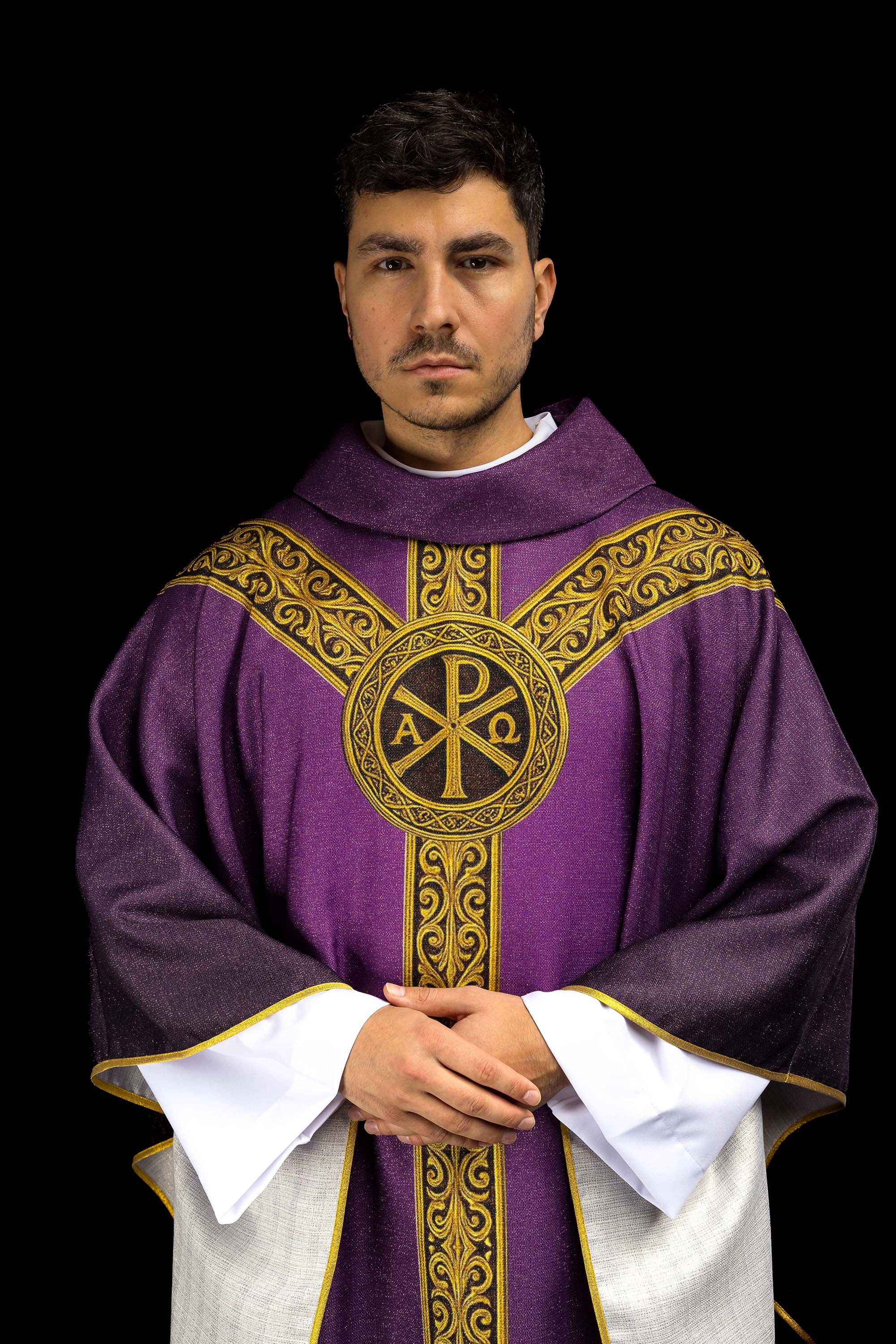Ornat drukowany Pax fioletowy z bogatym złotym zdobieniem