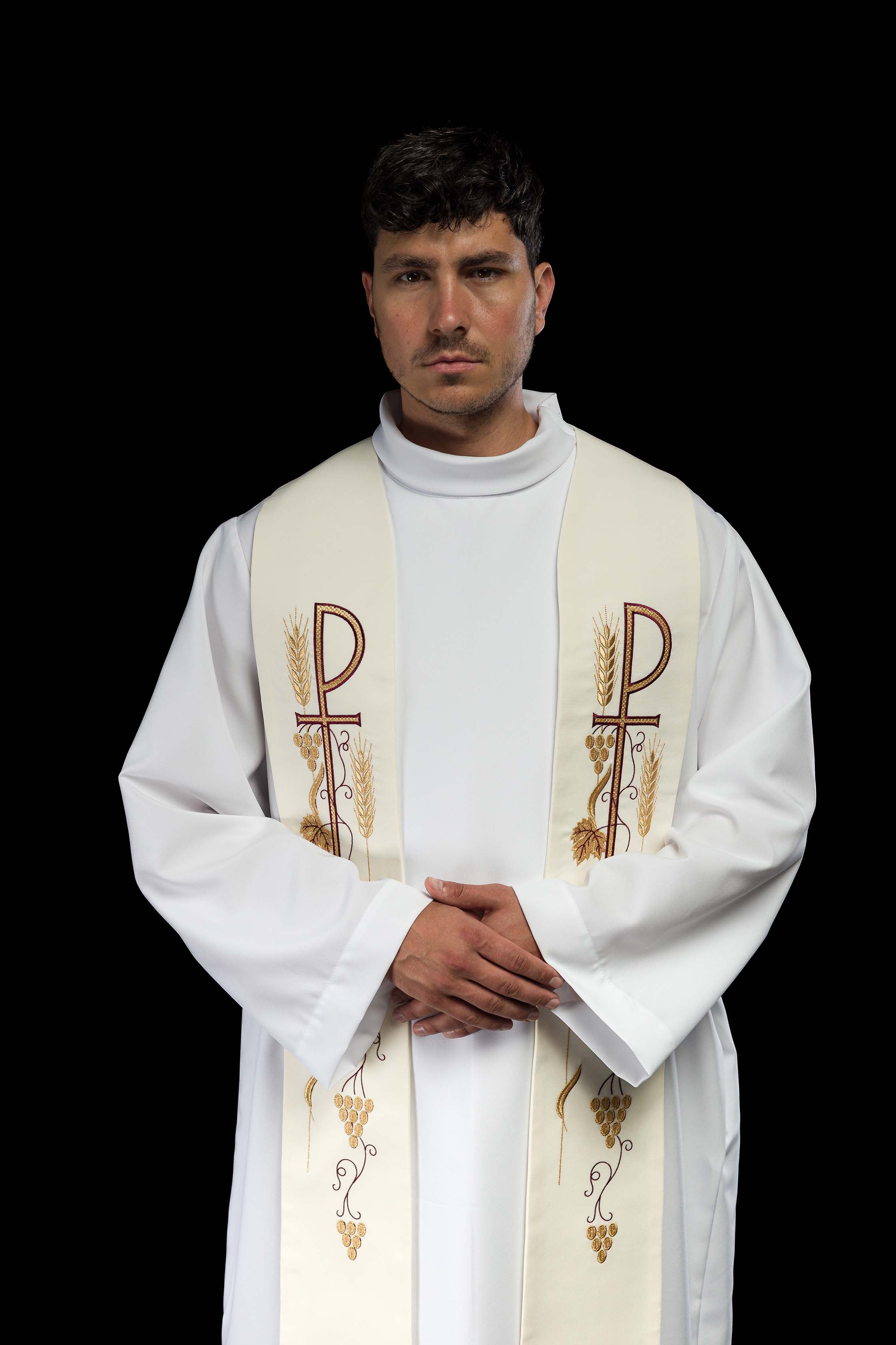 Stuła kapłańska haftowana krzyż z winogronami ecru - ORNATY.PL