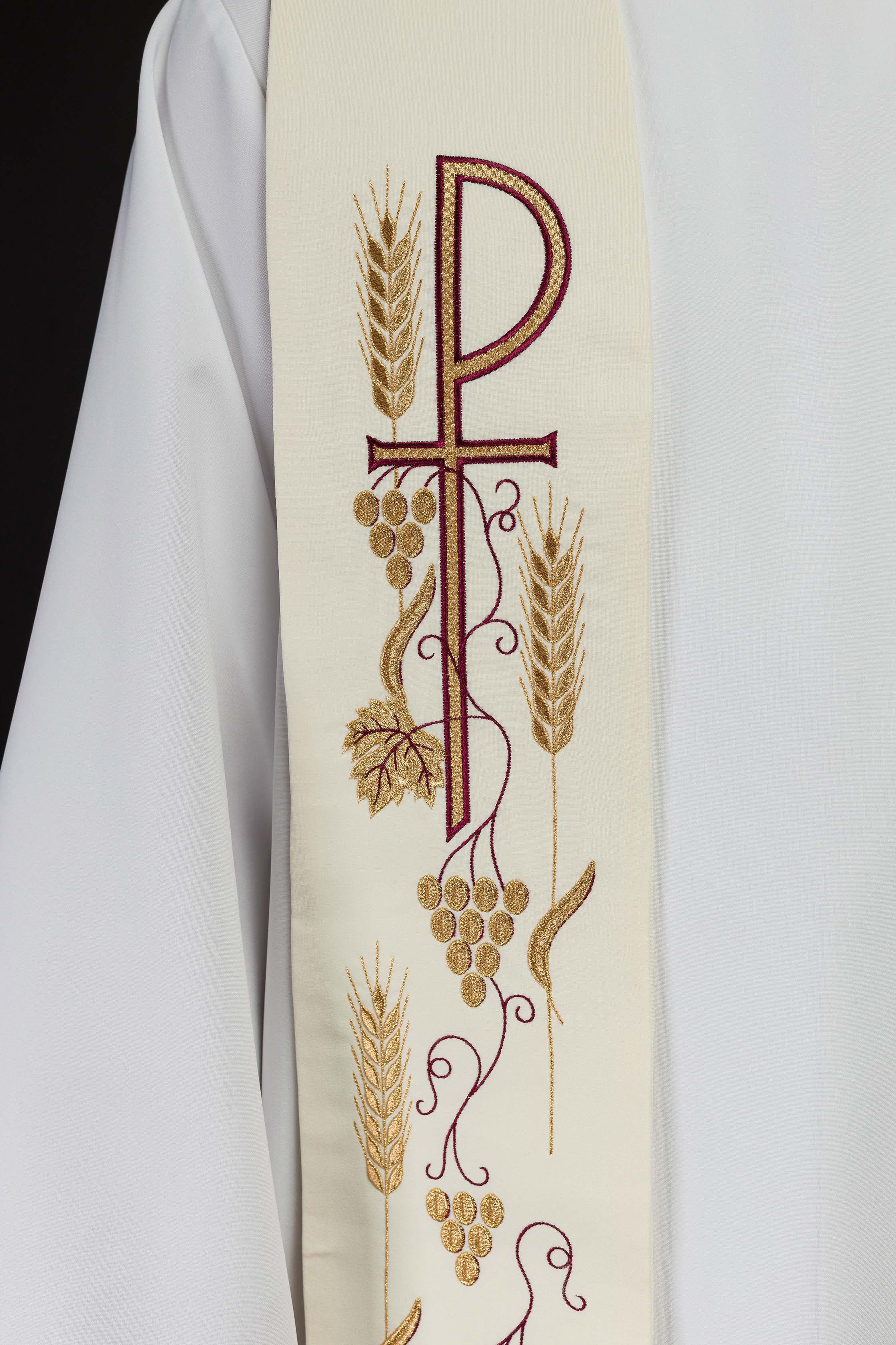 Stuła kapłańska haftowana krzyż z winogronami ecru - ORNATY.PL
