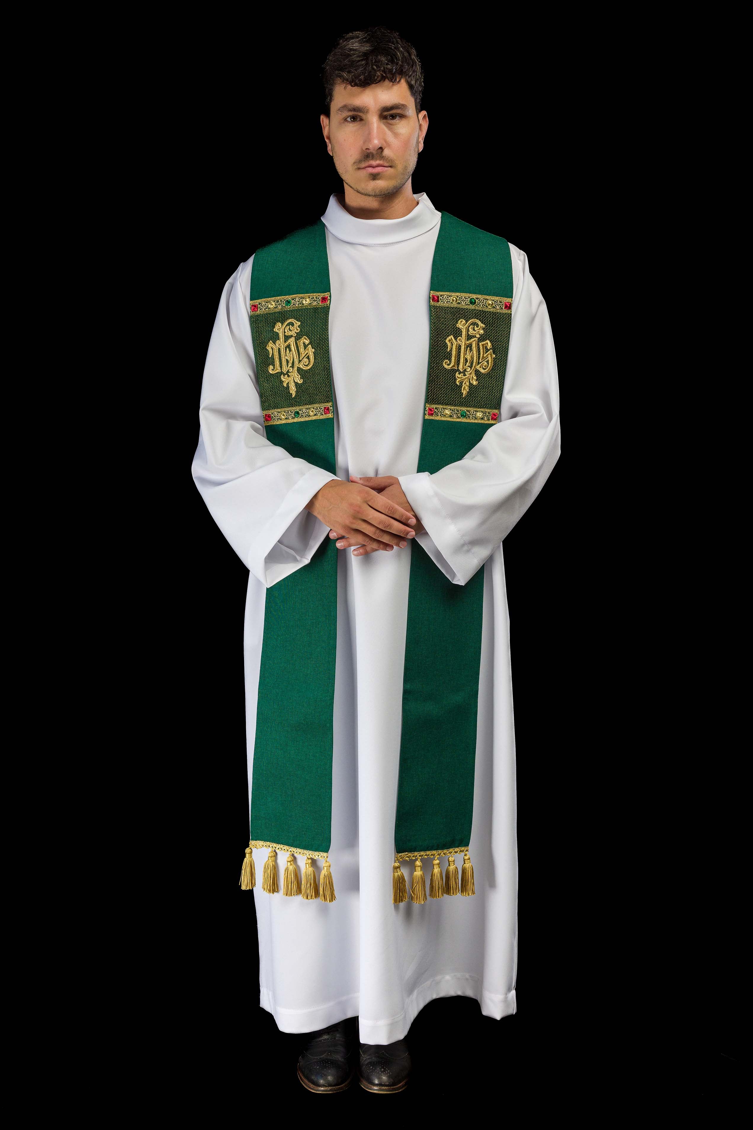 Stuła haftowana z motywem IHS zielona - ORNATY.PL