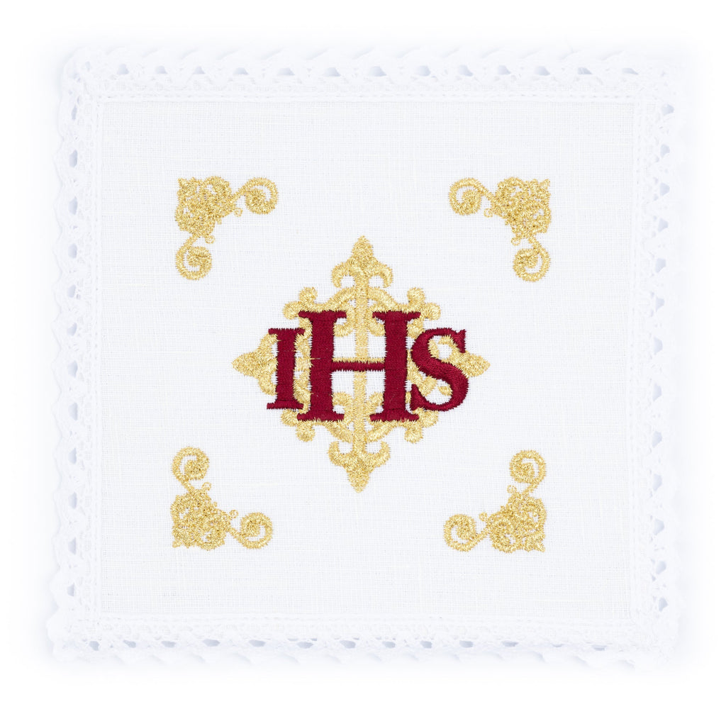 Bielizna kielichowa lniana haftowana czerwony symbol IHS