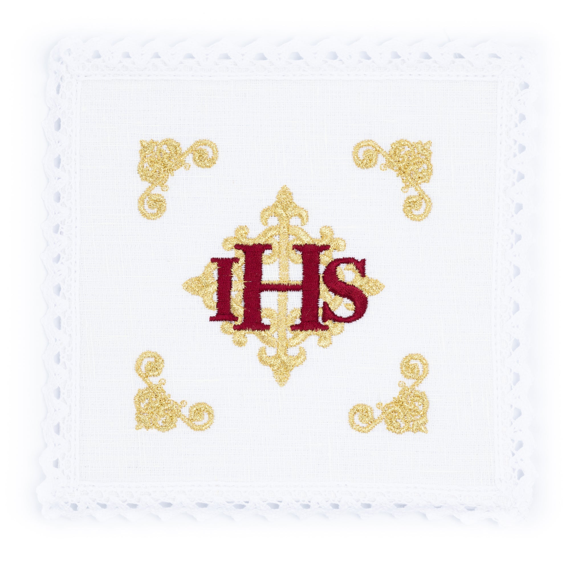Bielizna kielichowa lniana haftowana czerwony symbol IHS