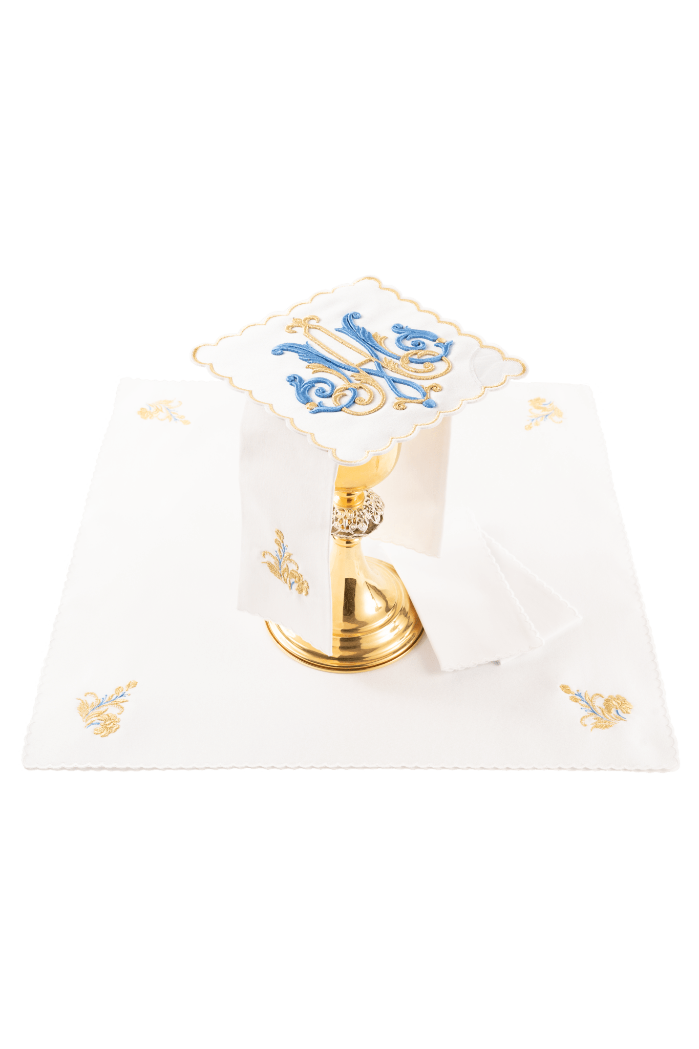 Liturgiczny komplet kielichowy z haftowanym motywem Maryjnym