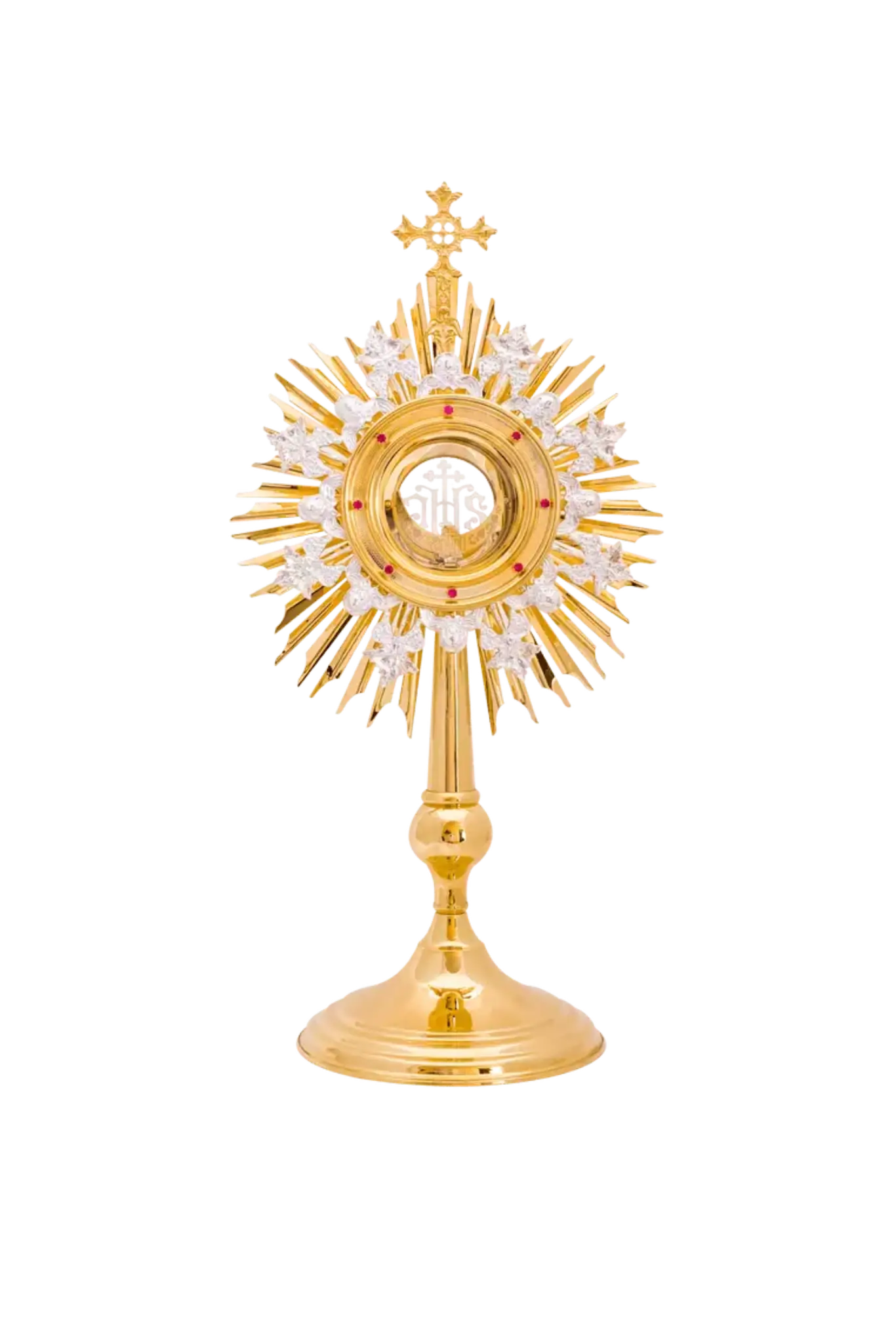Pozlátená monstrancia vyrobená z mosadze zdobená rubínom
