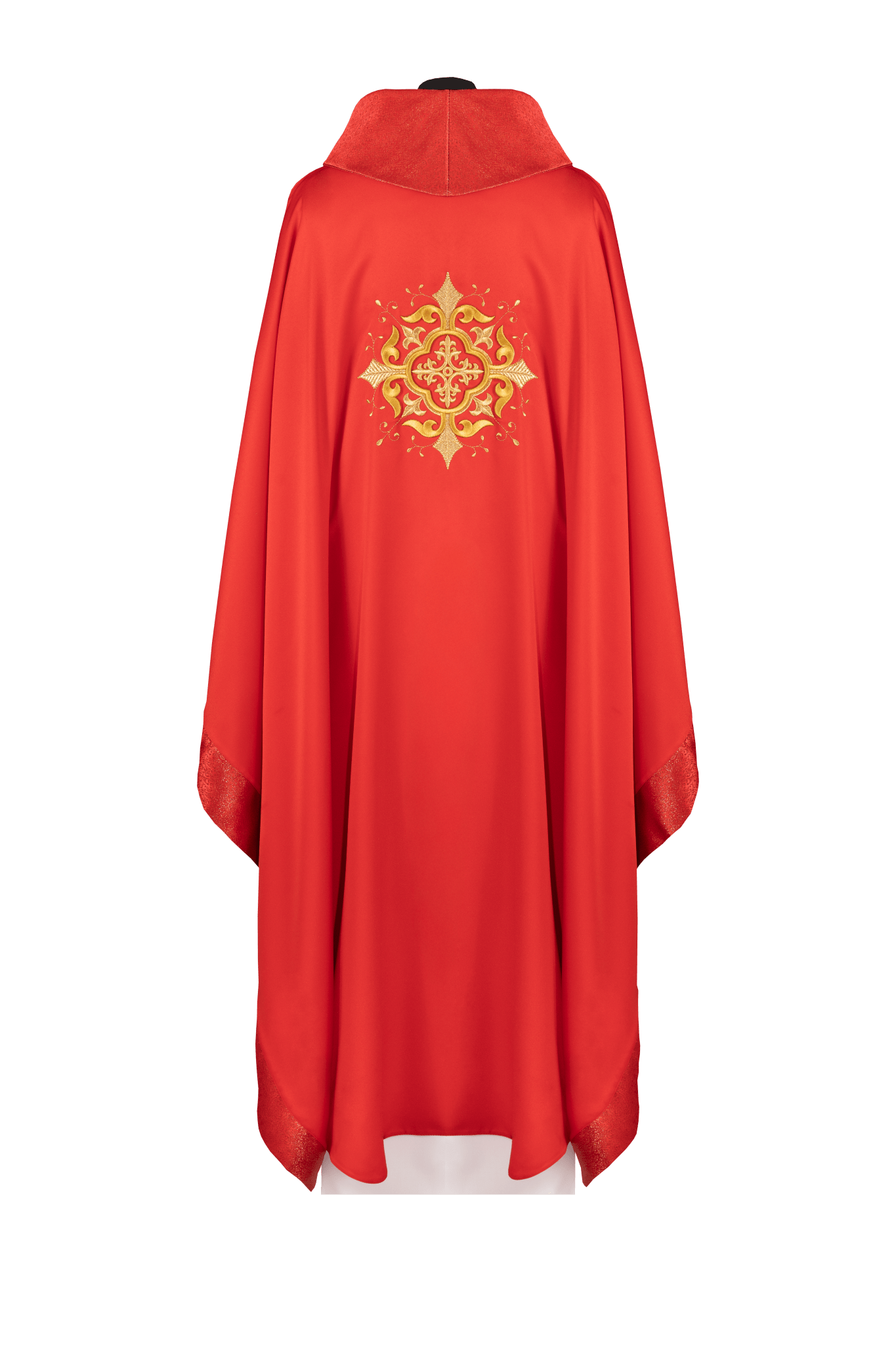 Ornat liturgiczny z haftowanym motywem krzyża i bogatym wykończeniem czerwony