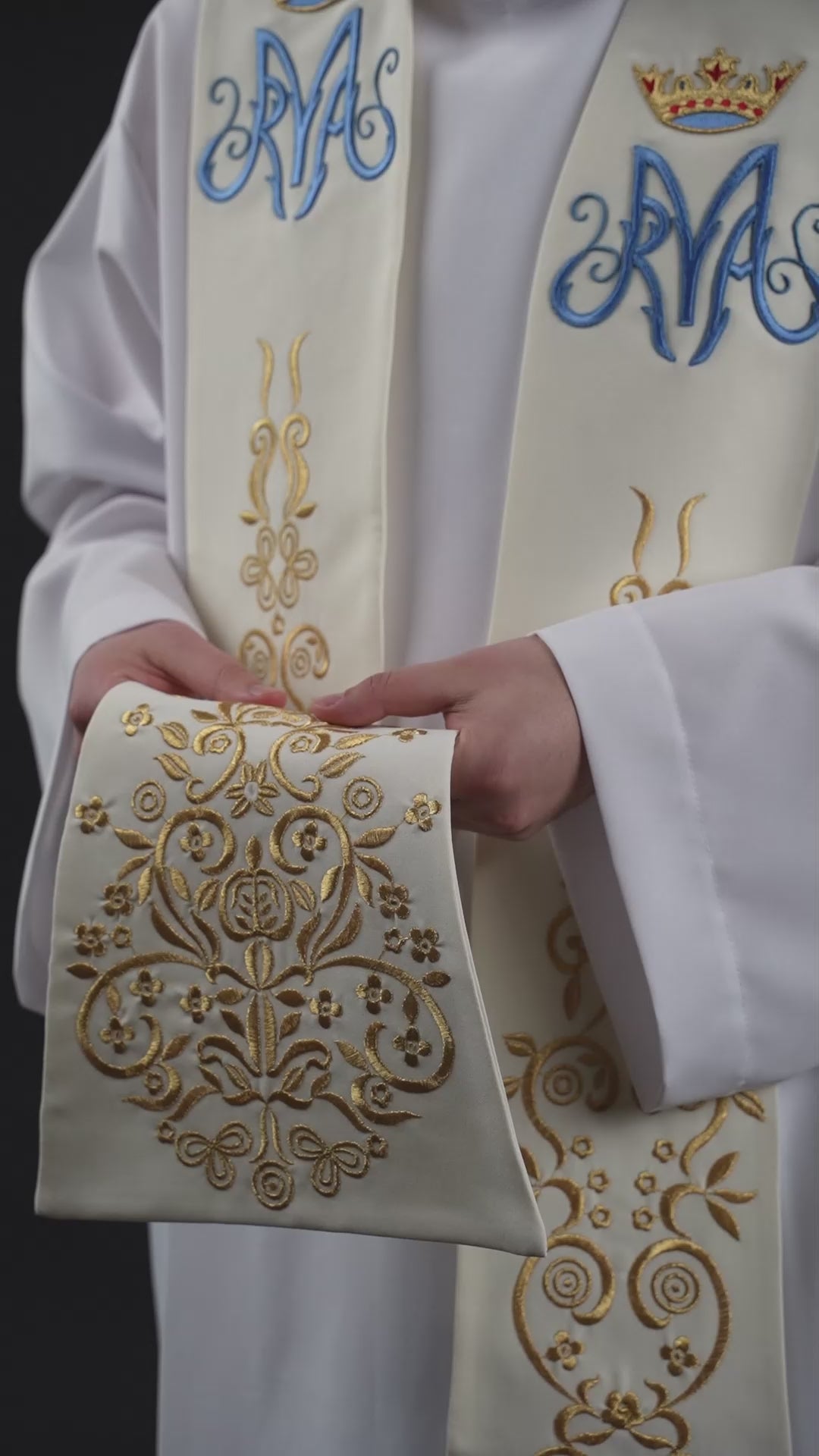 Stuha haftovaná motív Mariánsky s korunou ecru
